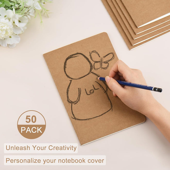 ZCZN 50 Pack A5 Kraft Notebooks Bulk, 8.15x5.5 Inches Lined Paper Journaling Notebooks, Notebooks for Work, Composition Notebooks for School, Journal Notebooks for Office, 60 Pages
