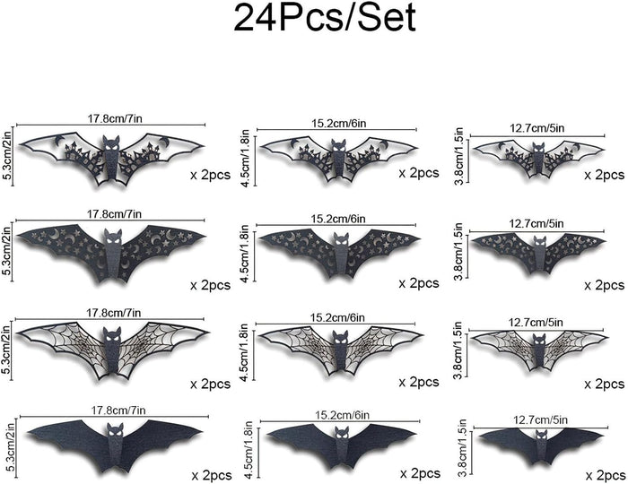24Pcs Large Halloween Bats Decorations - 3D Self-Adhesive PVC Scary Wall Decor, Hollow Out Waterproof Black Stickers for Indoor Party Supplies, Door and Room Decals