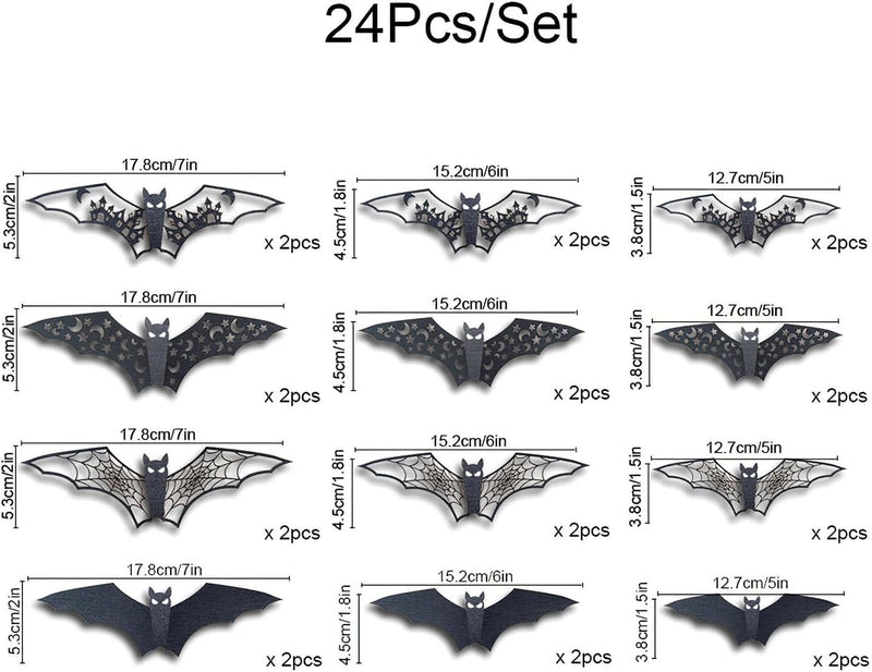 24Pcs Large Halloween Bats Decorations - 3D Self-Adhesive PVC Scary Wall Decor, Hollow Out Waterproof Black Stickers for Indoor Party Supplies, Door and Room Decals