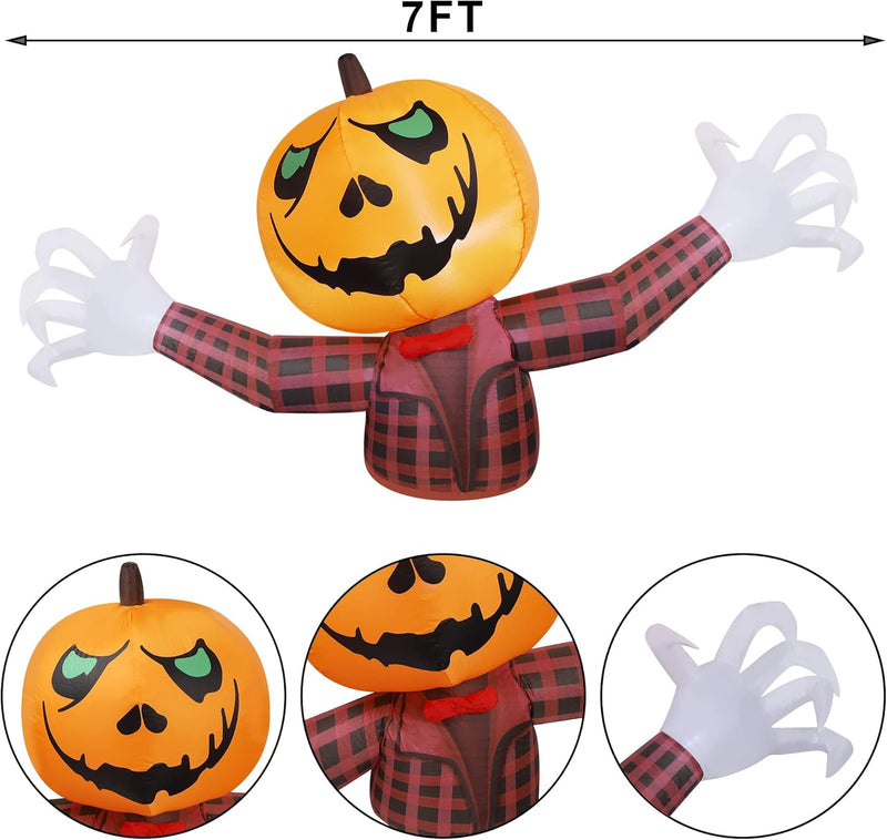Youngfan 7FT Long Halloween Inflatable Outdoor Decorations, Giant Pumpkin Ghost Blow Up for Yard, Porch, Lawn & Garden, Spooky LED Lighted Halloween Inflatables Decor