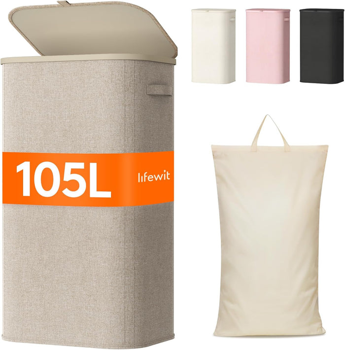 Lifewit 105L Laundry Basket with Lid, Large Laundry Hamper with Plastic Handles and Removable Bag, Foldable Tall Dirty Clothes Hampers for Laundry for Laundry Room, Bedroom, Bathroom, Dorm, Beige