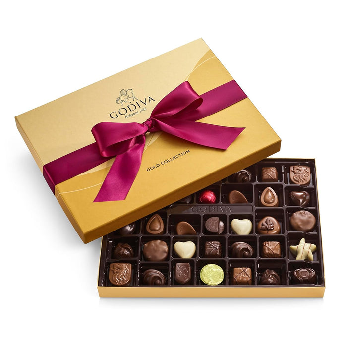 Godiva Navy Bow Gold Assorted Chocolate Gift Box, Dark and Milk Chocolates with Pralinés, Ganaches & Caramels, Gourmet Hanukkah Gift, Non-GMO & Kosher, 30 Pc