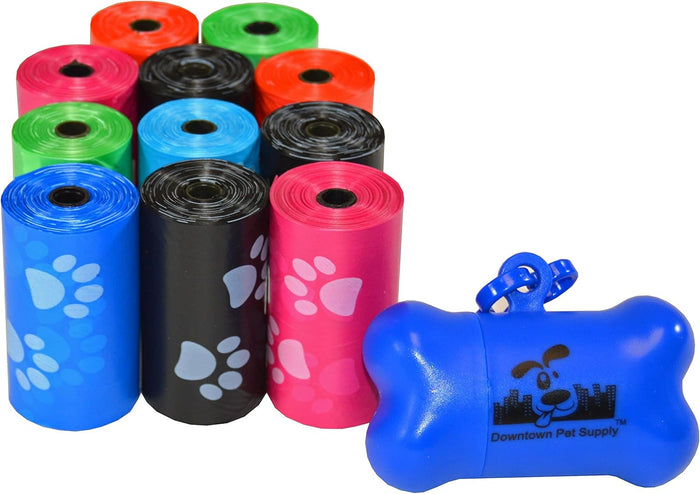 Downtown Pet Supply Dog Poop Bags with Dispenser – 1000 Count Leak-Proof Waste Bags, Eco-Friendly & Extra Strong, Easy Tear-Off Rolls with Bone-Shaped Holder – Rainbow with Holder, 12.5” x 8.5”