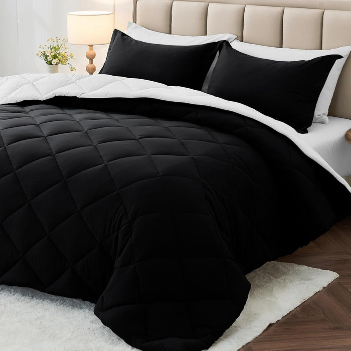 MUXHOMO 7 Pieces Full Comforter Set, Reversible Bed in a Bag Full Size, All Season Bedding Set with Comforter, Flat Sheet, Fitted Sheet, Pillowcases & Shams, Red & Black