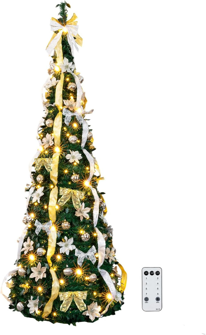 VINGLI 6ft Pre lit Pop Up Christmas Tree with Lights, Pre-Decorated Artificial Pencil Xmas Tree Collapsible Christmas Tree Holiday Party Decorations (Red&Gold)