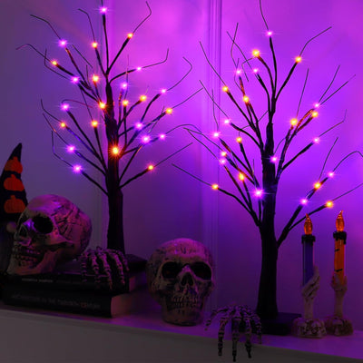 2 Pack 24 Inch Halloween Black Spooky Tree with Orange & Purple Lights, USB&Battery Operated Tabletop Halloween Black Tree with Timer for Indoor Home Holiday Party Decorations