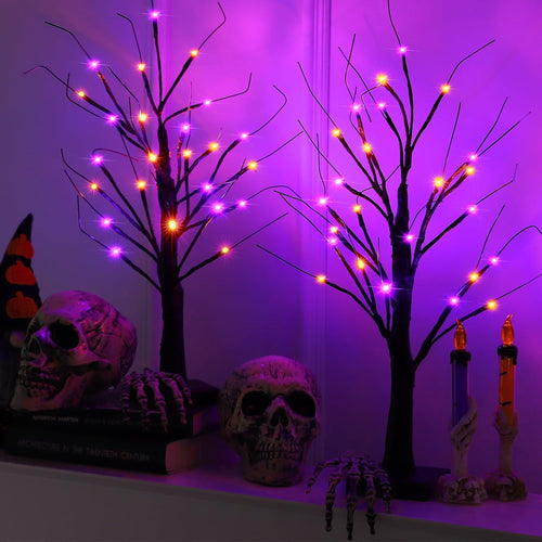 2 Pack 24 Inch Halloween Black Spooky Tree with Orange & Purple Lights, USB&Battery Operated Tabletop Halloween Black Tree with Timer for Indoor Home Holiday Party Decorations