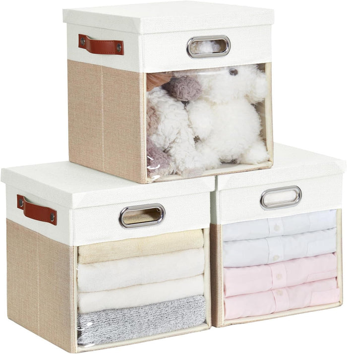 Fabric Storage Cubes with Clear Windows and Lids, 11'' Foldable Storage Bins with 3 Handles, Decorative Storage Boxes for Home, Bedroom, Closet, Office (Gray & White)