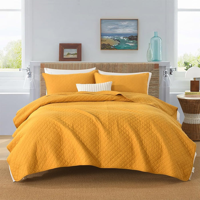 Cotton Quilt Bedding Sets Queen Size, 3 Pieces Reversible Lightweight Coverlets Comforters Bedspreads for All Seasons,Weave Stitching Pattern,Yellow
