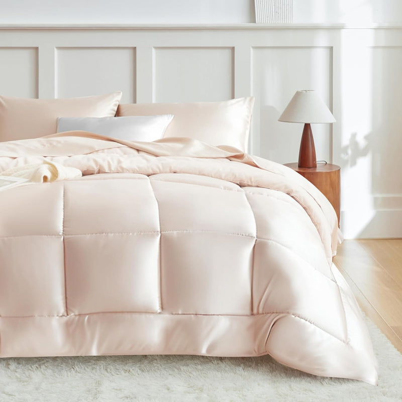 MR&HM King Size Comforter Set Black, Reversible Satin Microfiber Comforter Set for All Seasons, 3 Pieces Non-Slip Silky Soft Bedding Sets with 1 Comforter (104"x90") and 2 Pillowcases (20"x36")