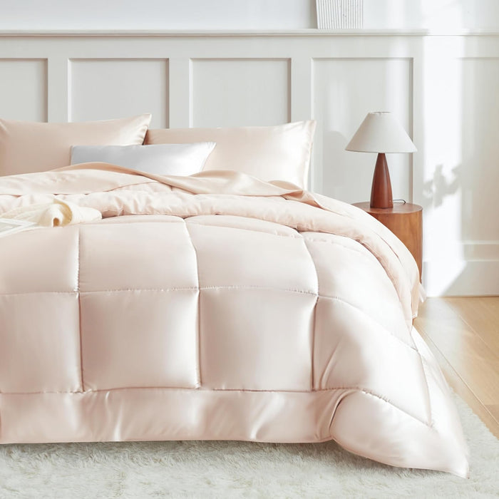 MR&HM King Size Comforter Set Black, Reversible Satin Microfiber Comforter Set for All Seasons, 3 Pieces Non-Slip Silky Soft Bedding Sets with 1 Comforter (104"x90") and 2 Pillowcases (20"x36")