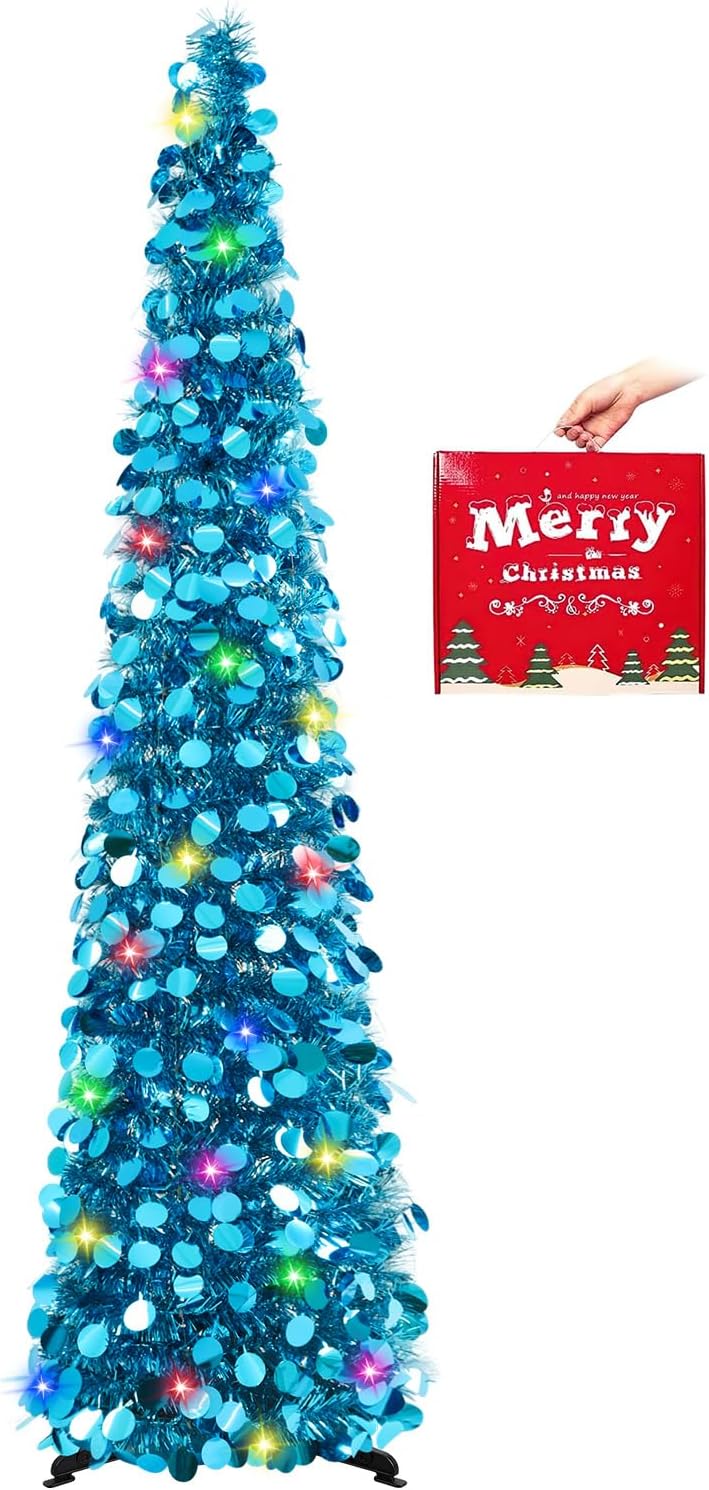 MACTING Christmas Pop up Tree with 50 LED Lights Timer 5FT Silver Collapsible Tinsel Pencil Tree Easy-Assembly Coastal Glitter Artificial Tree for Porch Apartment Corner Home Party Xmas Decorations