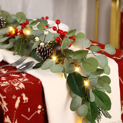 9ft Prelit Christmas Garland with Lights, Multi-Color Lights/Battery Operated/Timer, Lighted Artificial Eucalyptus Christmas Garland for Mantle Table Stairs Railing Xmas Indoor Outdoor Decorations