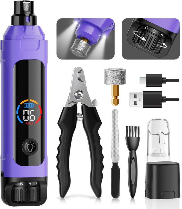 Dog Nail Grinder, 6-Speed Quiet Electric Dog Nail Trimmers, Dog Nail Clippers with File for Small Medium Large Dogs, Cats, Rechargeable Pet Paw Grooming Supplies Kit, 2 Grinding Wheels (Black)