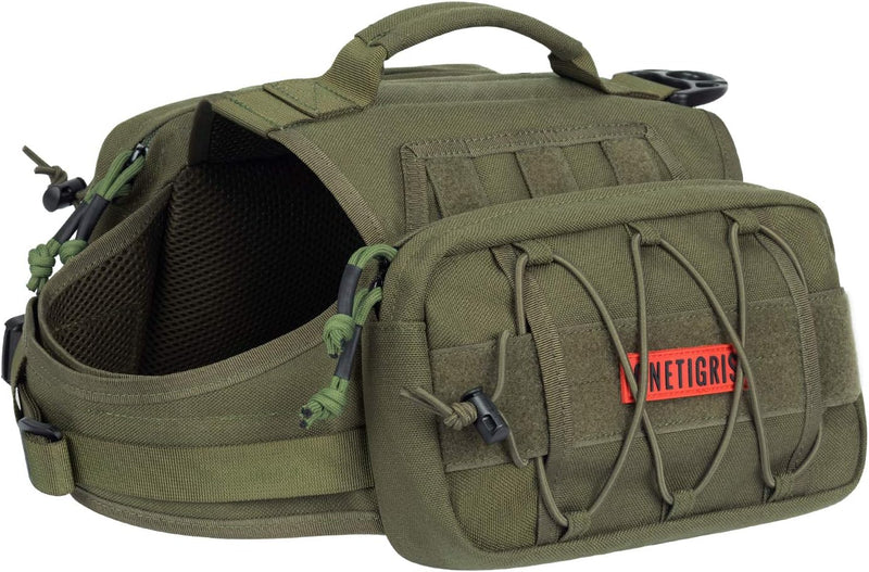 OneTigris Dog Backpack for Medium & Large Dogs, Nylon Backpack for Dogs Tactical Pet Backpack with Side Pockets for Hiking Walking Training Running (Green, Large)