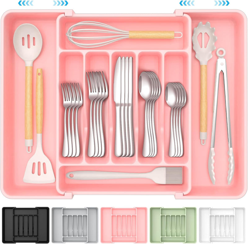 Extra Large Expandable Silverware Organizer, BPA-Free Food-Safe Cutlery Flatware Organizer, Kitchen Utensil Drawer Organizer, Adjustable Silverware Holder for Spoons Forks Knives, Black