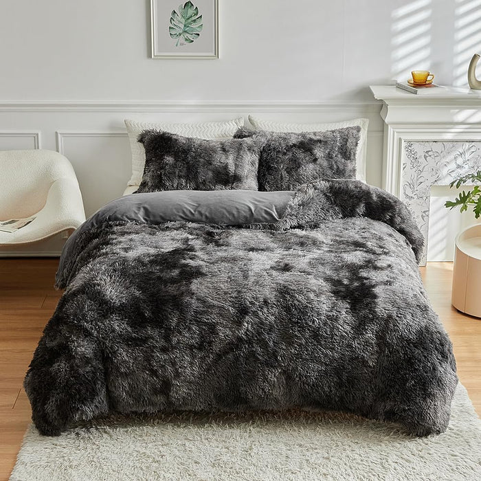 Wajade Faux Fur Plush Galaxy Blue Comforter Set Fluffy Fuzzy Shaggy Bedding Set - 3PC Full Size Microfiber Soft Warm Quilt Set