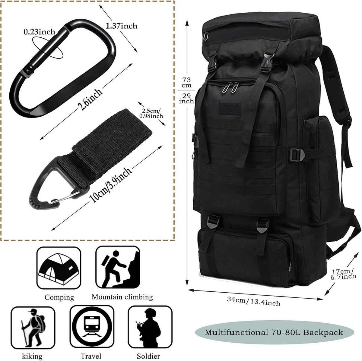 70L Hiking Backpack for Men, Waterproof Lightweight Camping Backpack, Military Rucksack with Molle, 3-Day Assault Pack for Travel, Climbing, Outdoor Sports(Black)