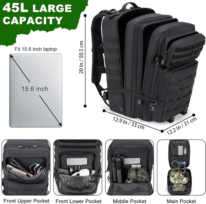 45L Large Gear Tactical Military Rucksack – Durable, Water Resistant, MOLLE Assault Pack for 3 Day Trips, Daily, for Men Women(Black)
