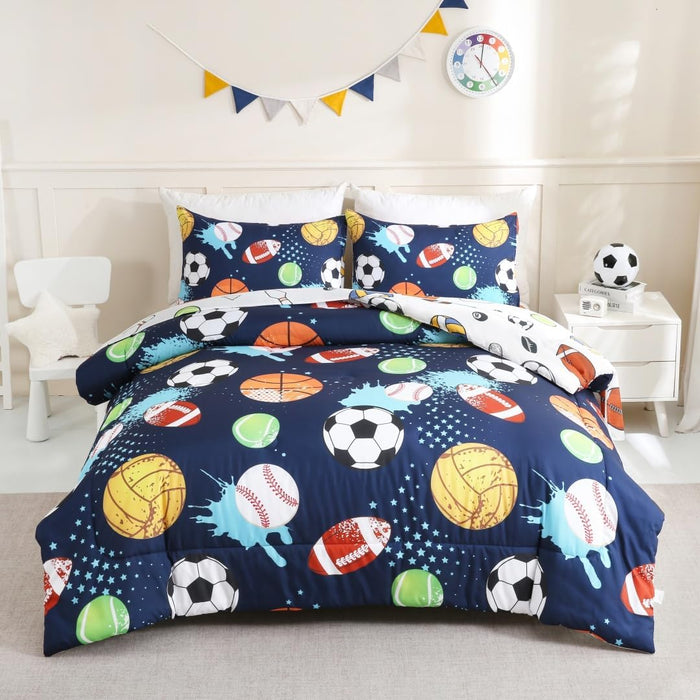 Sports Bedding Set Twin for Boys Navy Blue Comforter Set Baseball Football Soccer Basketball Bed Sets 5 Pcs Bed in A Bag with Sheets