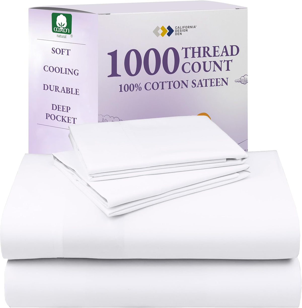 California Design Den Split King Sheets Sets for Adjustable Bed - Luxury 1000 Thread Count Sateen, Thick and Natural 100% Cotton Bed Sheets, Deep Pockets, Durable Bedding Set - White