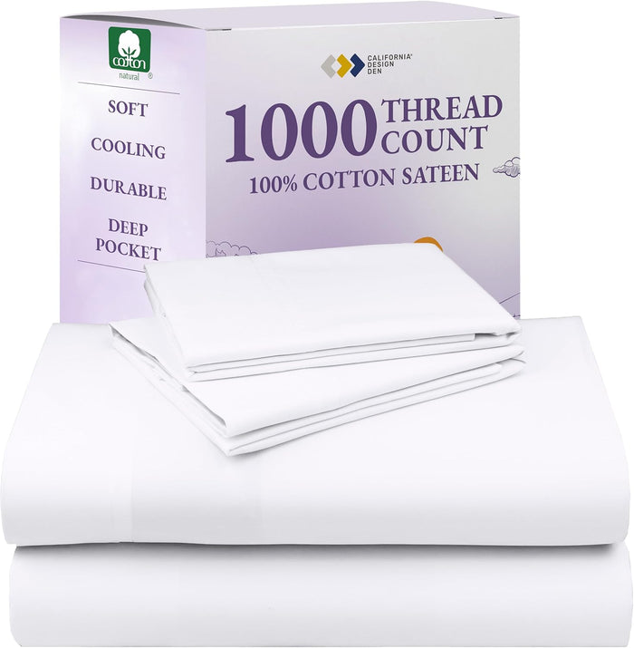 California Design Den Split King Sheets Sets for Adjustable Bed - Luxury 1000 Thread Count Sateen, Thick and Natural 100% Cotton Bed Sheets, Deep Pockets, Durable Bedding Set - White
