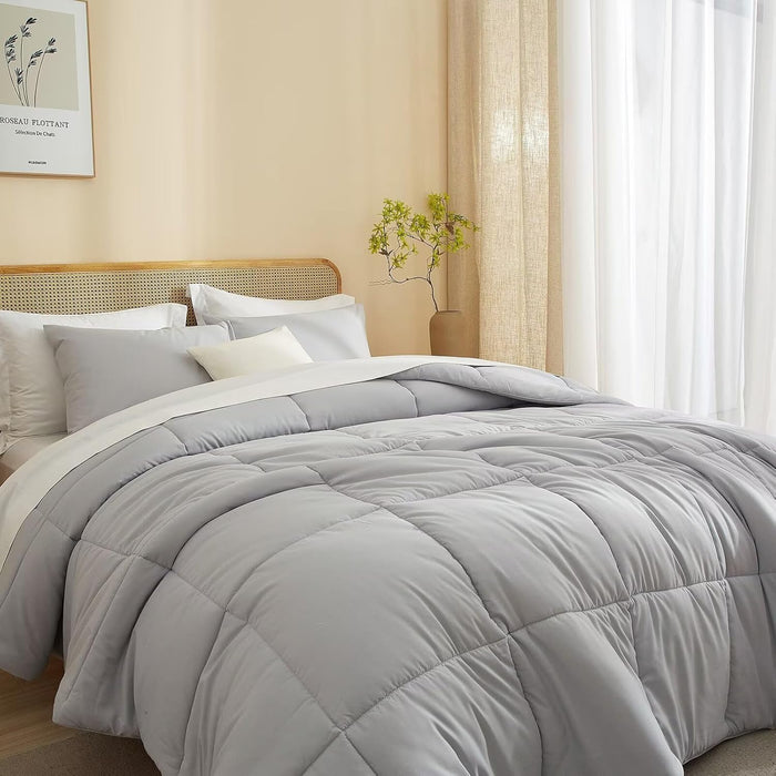 Light Grey Full Size Comforter Set for All Season 3 Pcs(1 Comforter and 2 Pillowcases),Box Stitched Brushed Microfiber Breathable Bedding Sets Soft Warm Fluffy Bed Set 80X90 Inches