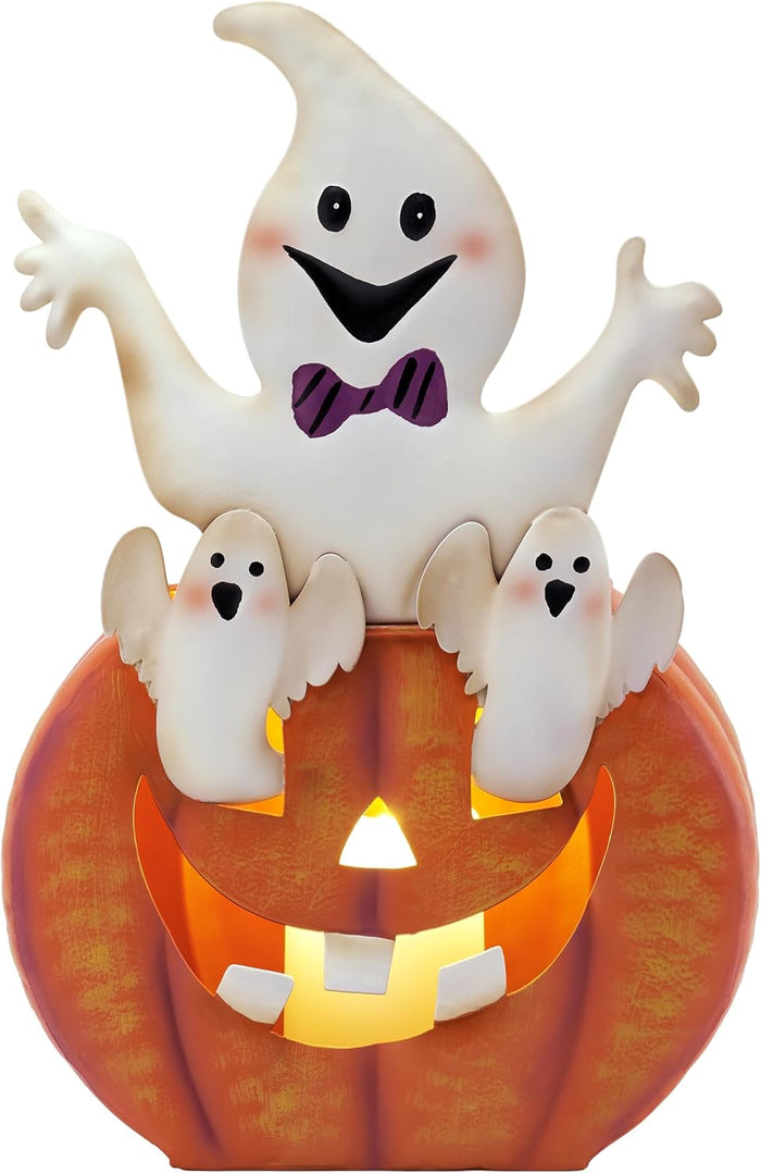 TERESA'S COLLECTIONS Halloween Decorations, Ghost and Pumpkin Halloween Decor, Large Ghost and Orange Jack O Lantern with Light, 12", Metal Outdoor Garden Statue, Indoor/Outdoor