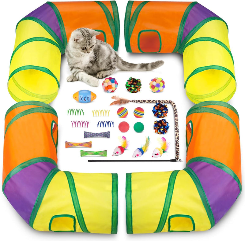 Retro Shaw Cat Toys Bundle 33 Pack, Interactive Kitten Toys for Indoor Cats Kitty with Collapsible Play Tunnel Tube Tent Feather Wand Teaser Bell Fuzzy Ball Springs Mouse Toy