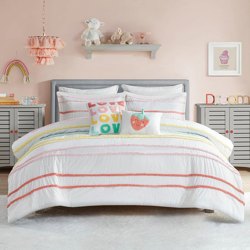 Intelligent Design Kids Full Comforter Set for Girls, Tufted Chenille Floral Comforter Set Queen, Lightweight Polka Dot Reversible Bed Set, Shams, Pillow, Gracie, Full/Queen White/Purple 4 Piece