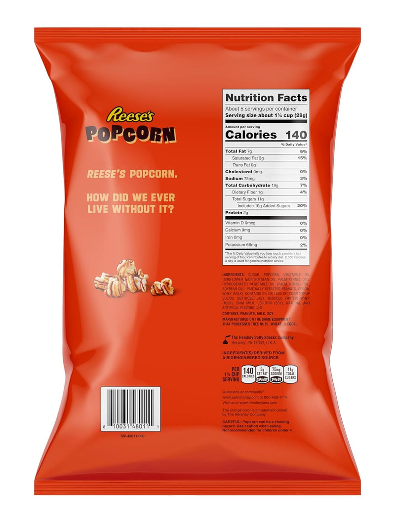 Reese's Popcorn, 5.25oz Grocery Sized Bag, Popcorn Drizzled in Reese's Peanut Butter and Chocolate, Ready to Eat, Savory Snack, Sweet and Salty