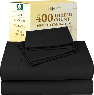 California Design Den Natural 100% Cotton Sheets, Soft Queen Sheet Set, 400 Thread Count Sateen, Deep Pockets with All-Around Elastic for a Snug Fit, Cool & Durable Bedding Set - Black
