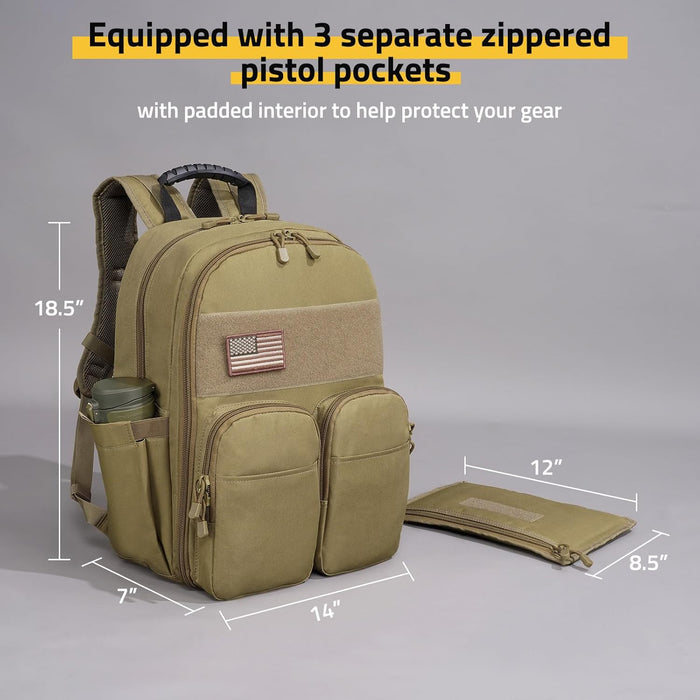 CVLIFE Tactical Range Backpack for Handguns, Shooting Backpack with Pistol Cases, Daypack with Removable Divider for Men (TAN, regular)