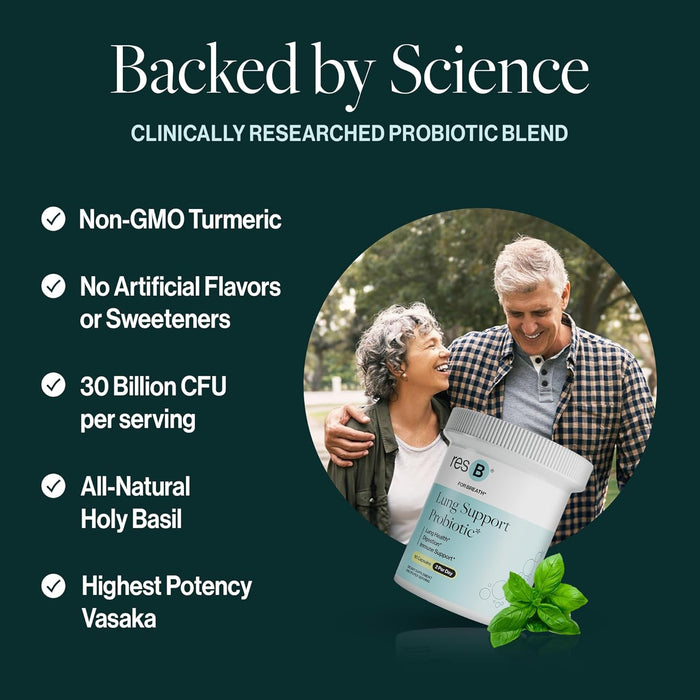 resB Lung Support Probiotic Supplement - Immune & Digestive Support, Lung Health Supplement for Smokers, Gut Health, Holy Basil & Turmeric, Clinically Trialed - 60 Capsules