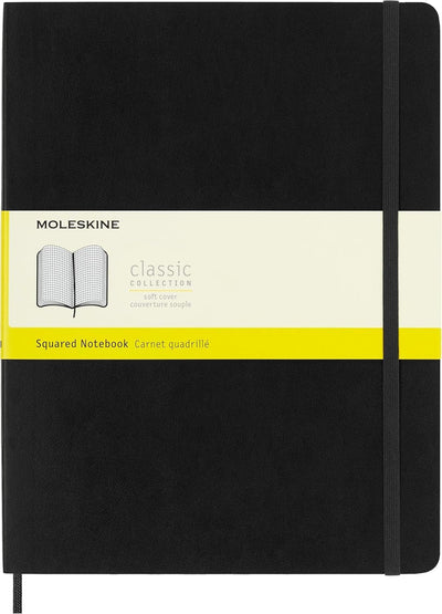 Moleskine Classic Notebook, Soft Cover, XL (7.5" x 9.5") Squared/Grid, Black, 192 Pages
