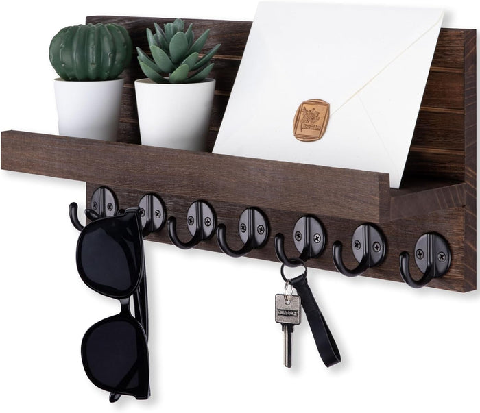 Key Holder Wall Mount, Entryway Key and Mail Holder with 7 Sturdy Hooks for Sunglasses, Dog Leash, Decorative Wall Shelf with Mounting Hardware, 15”W x 6.7”H x 4.2”D