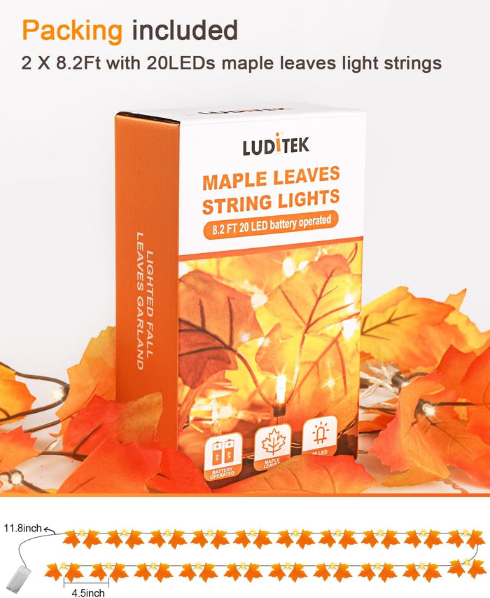 Fall Decor [2 Pack] Lighted Fall Garland, Total 16.4ft 40 LED Thanksgiving Decorations Halloween String Lights, Friendsgiving Gift Thanksgiving Decor for Home Holiday Autumn Garland Indoor