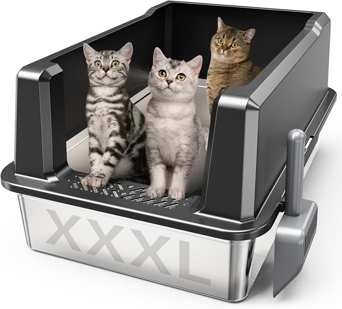 Enclosed Stainless Steel Cat Litter Box with Lid, XL Extra Large Litter Box for Big Cats, Metal Litter Pan High Sided, Never Absorbs Odors, Anti-Urine Leakage, Easy Cleaning, Include Scoop