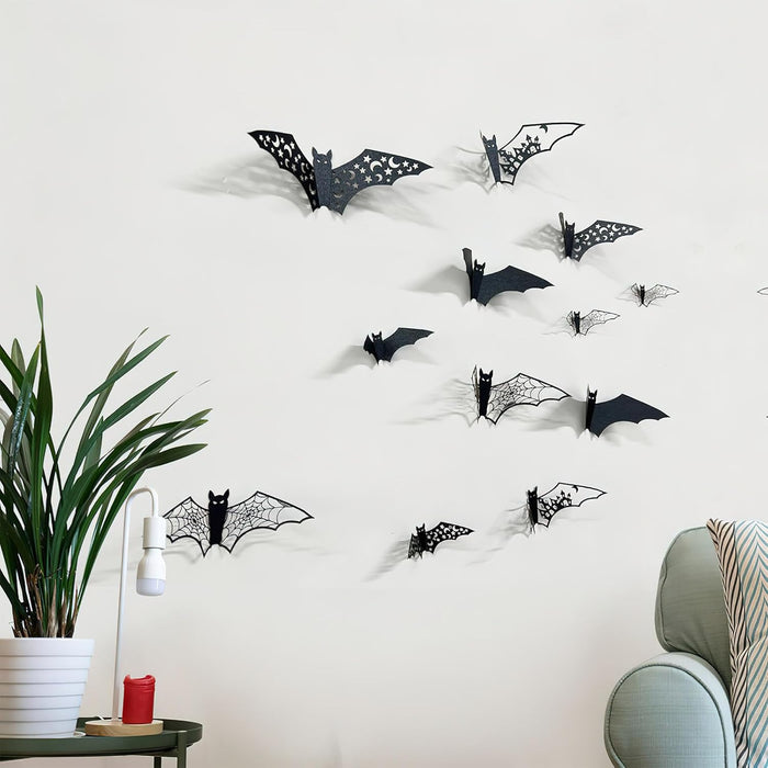 24Pcs Large Halloween Bats Decorations - 3D Self-Adhesive PVC Scary Wall Decor, Hollow Out Waterproof Black Stickers for Indoor Party Supplies, Door and Room Decals