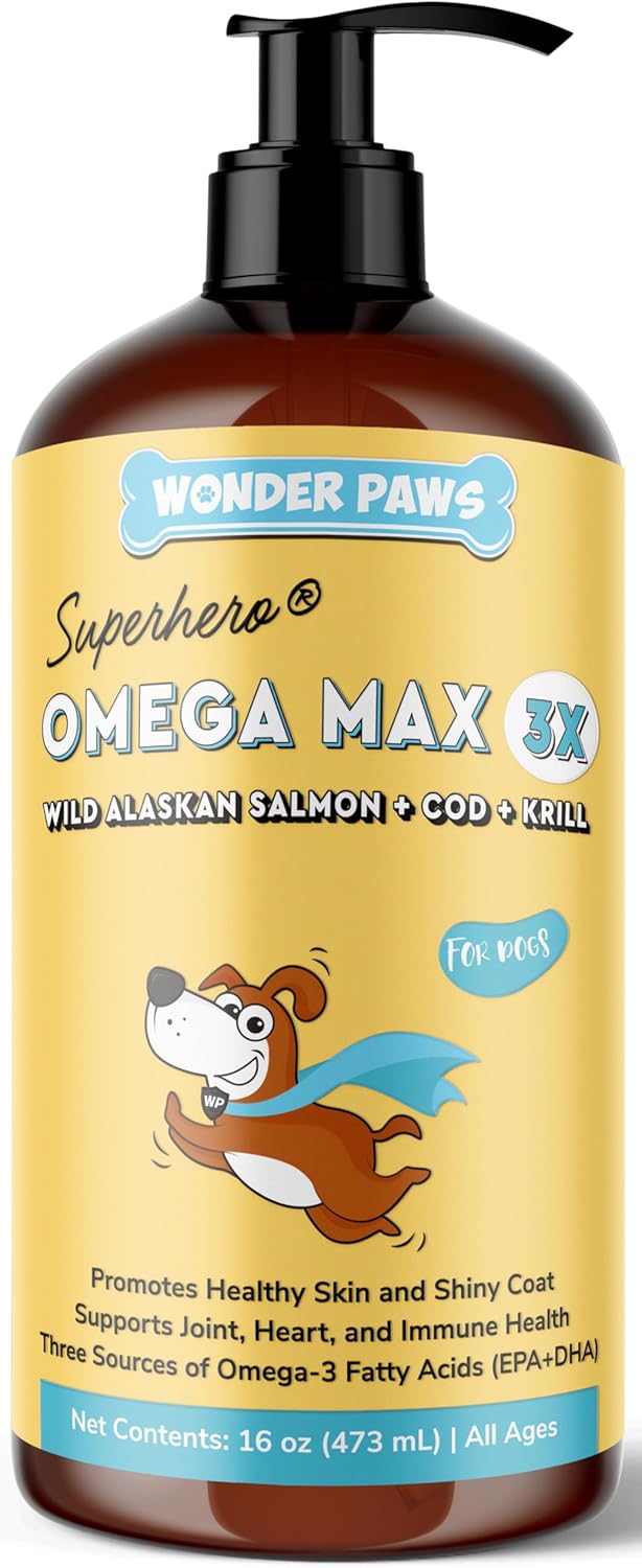 Wonder Paws Fish Oil for Dogs - Omega 3 for Dogs from Alaskan Salmon, Cod & Krill Oil - EPA DHA Fatty Acids - Less Shedding & Itching - Skin, Joint, Immune & Heart Health - Liquid Supplement (32 oz)