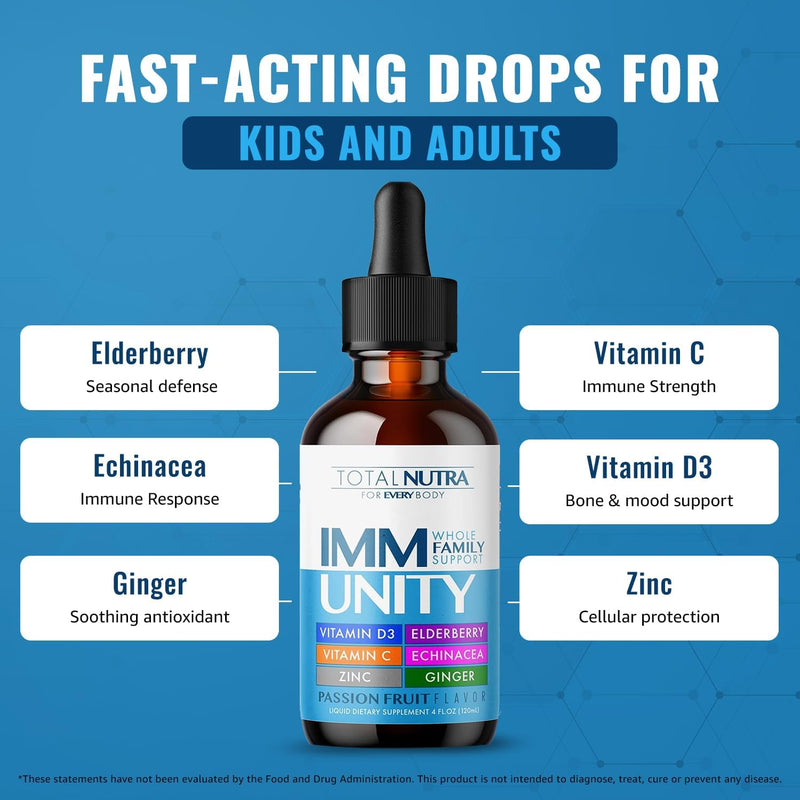 Total Immune 6-in-1 Liquid Multivitamin Supplement | 100% Daily Zinc, Vitamin D3, Vitamin C Immunity Drops Vitamin Liquid | Elderberry, Echinacea, Ginger Support for Adults & Kids | 4 oz Passion Fruit