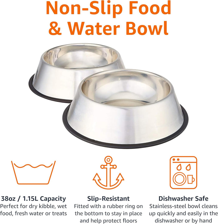 Amazon Basics Stainless Steel Non-Skid Pet Dog Water And Food Bowl, 2-Pack (10 x 2.8 Inches), Each Holds Up to 38oz
