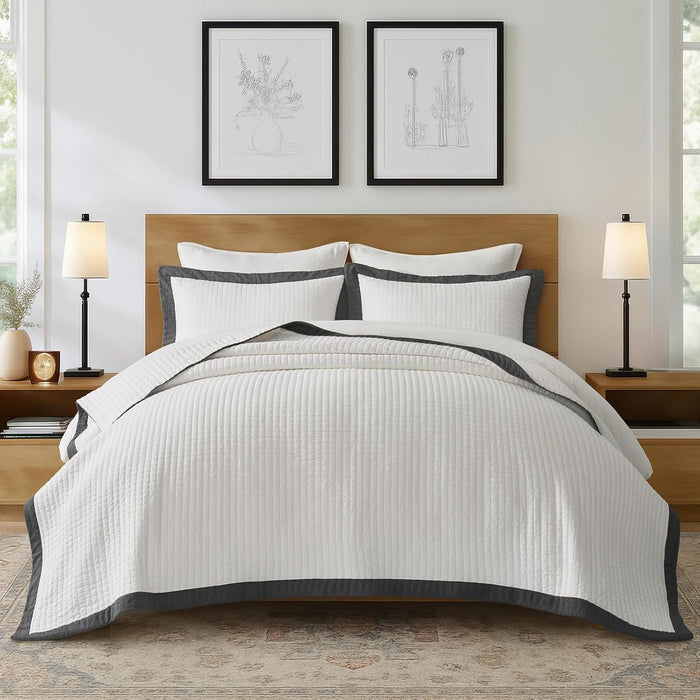EVERGRACE Cotton Border Frame Tack-Stitch Quilt Bedding Set King Size, Coastal Oversized 3 Pieces Lightweight Bedspread Coverlet for All Season, with 2 Matching Shams, Blue Linen