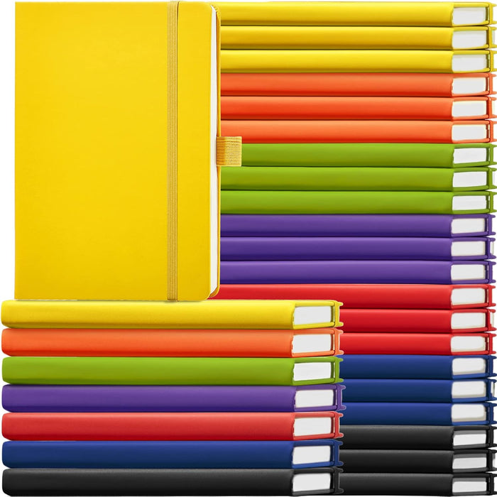 Laumoi 28 Pack PU Leather Lined Notebook Journal Bulk A5 Hardcover Notebook College Ruled 5.5 x 8.2 Inch Journal with Pen Holder for School Business Work Writing(Black,Simple)
