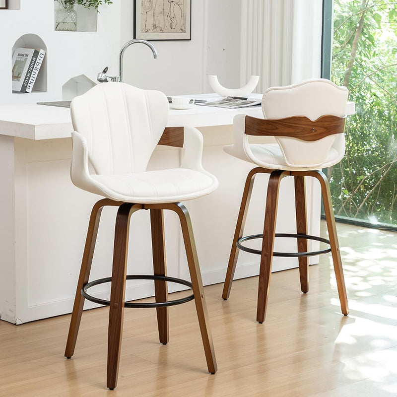 30" Swivel Bar Stools Set of 2,Mid Century Modern Bar Height Bar Stools,Black Upholstered Faux Leather Kitchen Stools with Arms and Fishtail-Shaped Back,Walnut Wood Frame Home Bar Chairs