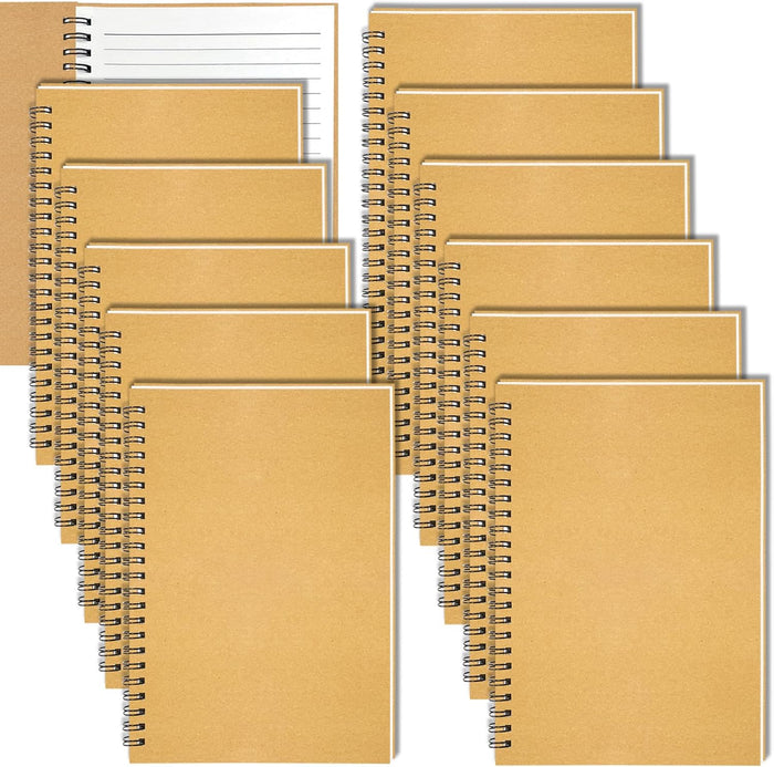 GINMLYDA 12Pack Small Spiral Notebook A5, 8.25x5.5” 120 Lined Pages Wide Ruled Spiral Journal Bulk Blank Kraft Cover Spiral Bound Notebook & Writing Pads for Home Office Meeting Work Note Taking