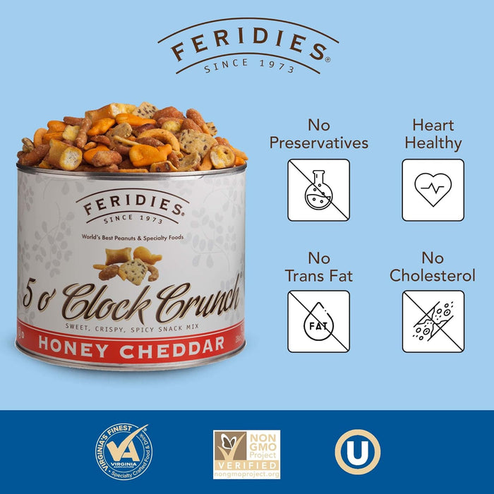 FERIDIES 5 O'clock Crunch Honey Cheddar Gourmet Snack Mix Includes Peanuts Crackers Pretzels Five Oclock Mix - 28 Oz Tin