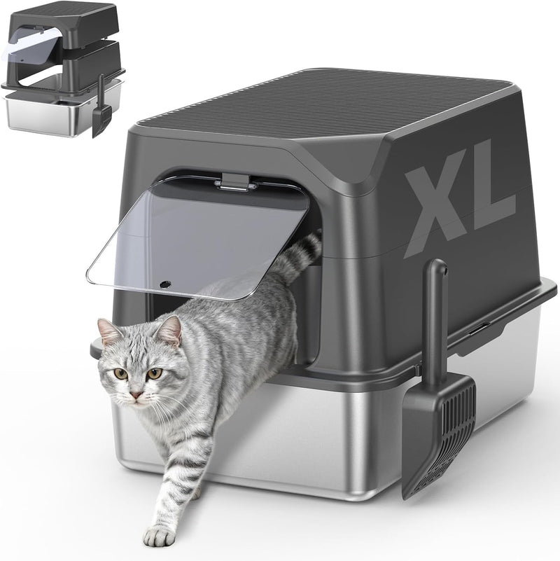 Enclosed Stainless Steel Cat Litter Box with Lid, XL Extra Large Litter Box for Big Cats, Metal Litter Pan High Sided, Never Absorbs Odors, Anti-Urine Leakage, Easy Cleaning, Include Scoop