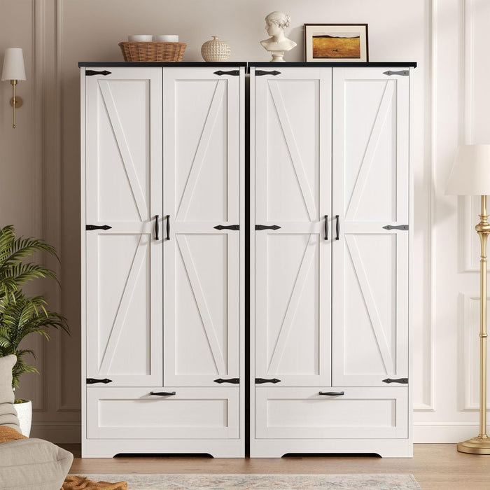 Vongrasig Kitchen Pantry Storage Cabinet with Barn Doors, Drawer and Adjustable Shelves, 4-Tier Tall Rustic Wood Cupboard Locker for Kitchen, Dining Room, Living Room, Bathroom, White