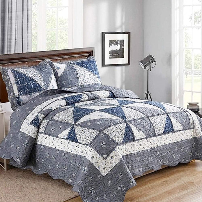 VIVILINEN Blue Floral Patchwork Quilt Set King Size Reversible Quilted Bedding Set with 2 Pillowcases
